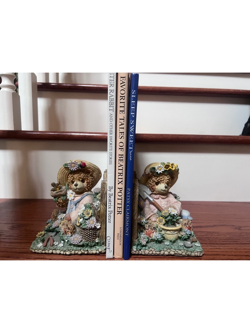 Vintage Resin Teddy Bear Garden Bookends Pair Cottagecore Straw Hat Nest